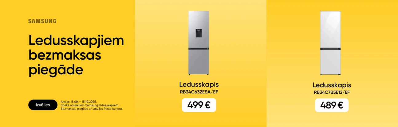 Samsung. Ledusskapjiem bezmaksas piegāde. Izvēlies. Akcija: 15.09.-15.10.2025. Spēkā noteiktiem Samsung ledusskapjiem. Bezmaksas piegāde ar Latvijas Pasta kurjeru. Ledusskapis RB34C632ESA/EF 499 eur, Ledusskapis RB34C7B5E12/EF 489 eur.