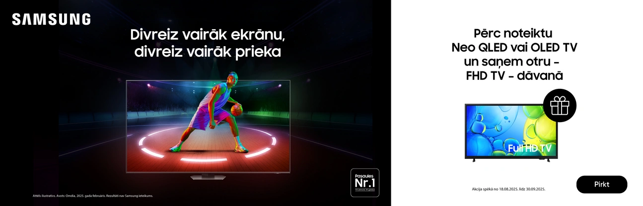 Divreiz vairāk ekrānu, divreiz vairāk prieka. Liels televizors, kura ekrānā basketbola spēlētājs dinamiskā pozā driblē bumbu. Pērc noteiktu Neo QLED vai Oled TV un saņem otru - FHD TV - dāvanā.