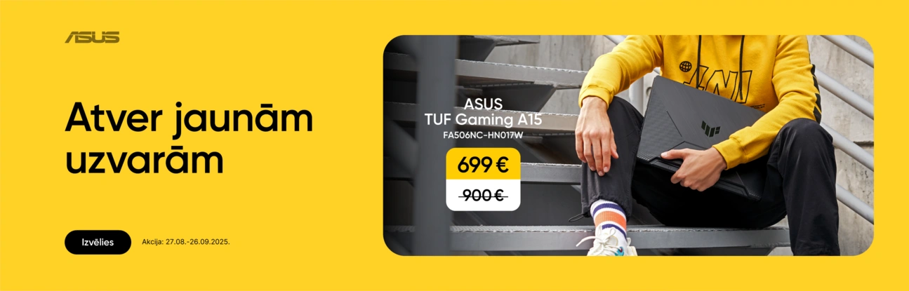 Asus. Atver jaunām uzvarām. Izvēlies. Akcija: 27.08.- 26.09.2025. Asus TUF Gaming A15 FA506NC-HN017W 699eur.