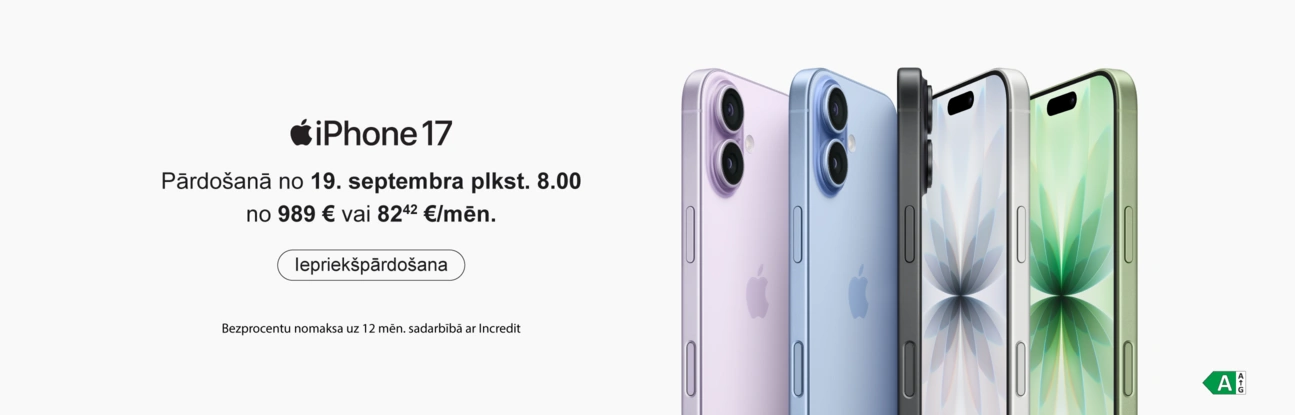 Apple iPhone 17. Iepriekšpārdošanā no 12.septembra plkst.15.00. Pieci iPhone modeļi dažādās krāsās novietoti vertikāli, redzami gan no priekšpuses, gan aizmugures.