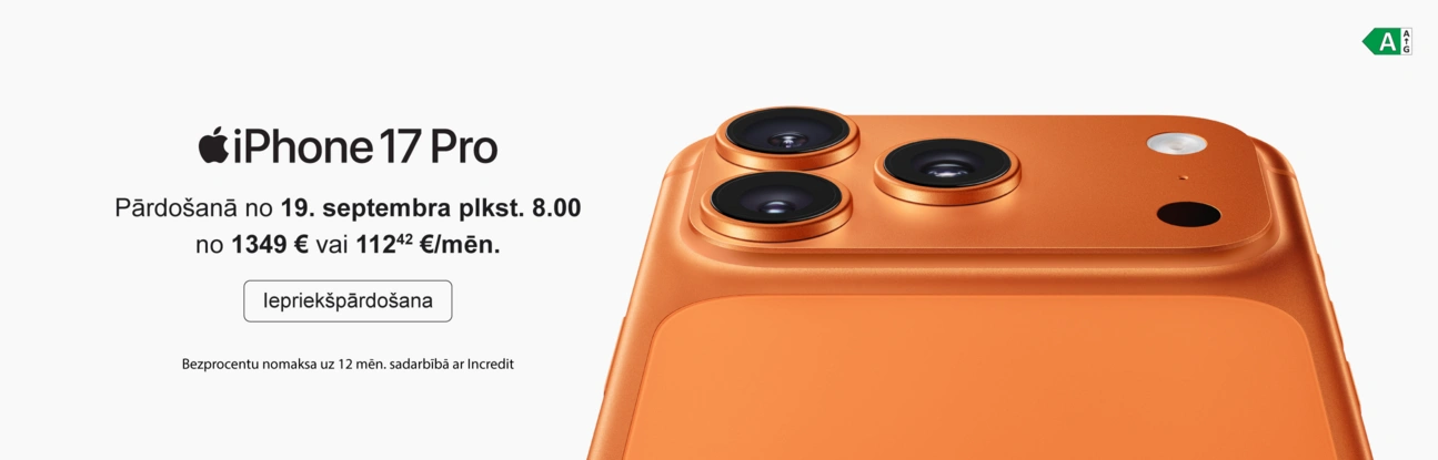 Iepriekšpārdošanā no 12.septembra plkst.15.00. Uzzini vairāk. iPhone 17 Pro. Oranžas krāsas mobilais telefons ar vairākām kamerām un Apple logo.