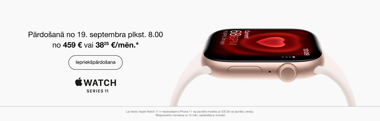 Pārdošanā no 19.septembra plkst. 8.00. No 459 eur vai 38.25 eur/mēn. Iepriekšpārdošana. Apple Watch Series 11. Viedpulkstenis ar baltu siksniņu, kura ekrāna redzama sarkans sirds simbols un sirdsdarbības ātrums 68 BPM.