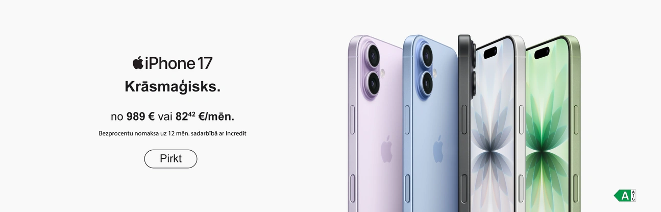 iPhone 17. Krāsmaģisks. no 989 eur vai 82.42 eur/mēn. Bezprocentu nomaksa uz 12 mēn. sadarbībā ar Incredit. Pirkt. Pieci iPhone modeļi dažādās krāsās – gaiši violets, gaiši zils, melns, balts un zaļš ar ziedu rakstu ekrānā.