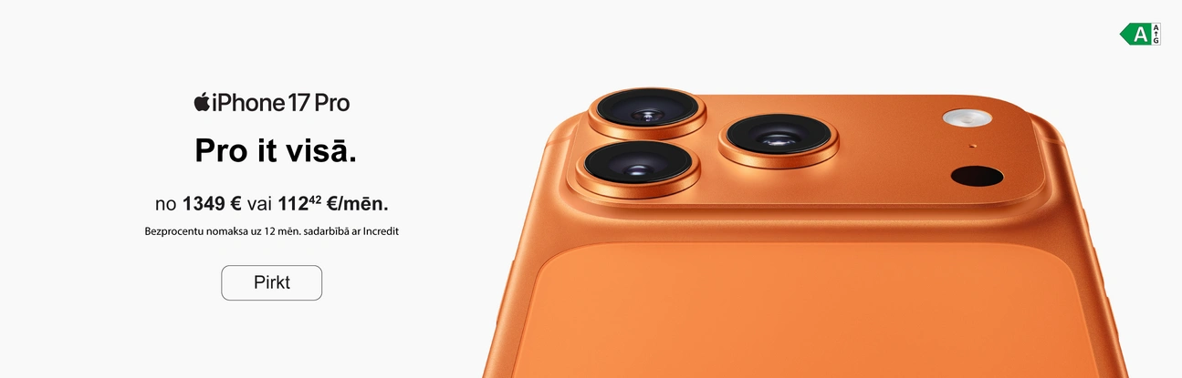 iPhoen 17 Pro. Pro it visā. no 1349 eur vai 112.42 eur/mēn. Bezprocentu nomaksa uz 12 mēn. sadarbībā ar Incredit. Pirkt. Oranža iPhone 17 Pro viedtālruņa aizmugure ar trīskāršu kameru, zibspuldzi un papildu sensoru, izceļot telefona dizainu.