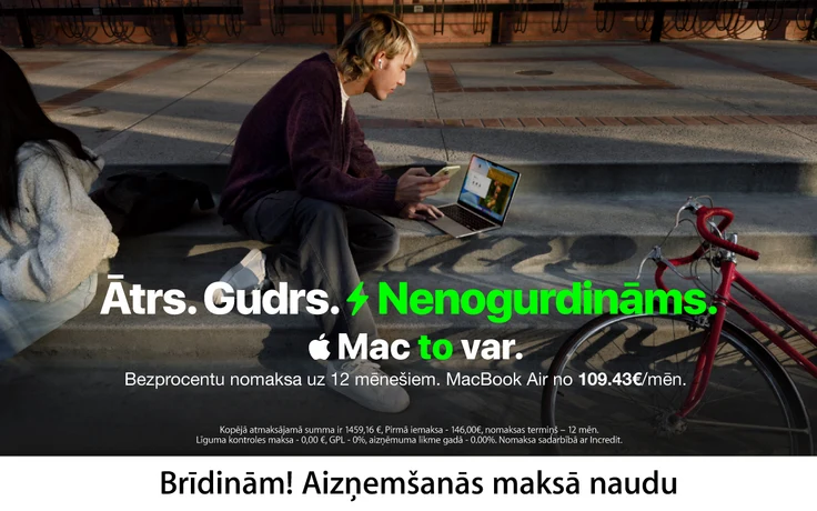 MacBook Air reklāma: bezprocentu nomaksa 12 mēnešos no 109,43 € mēnesī; brīdinājums, ka aizņemšanās maksā naudu.