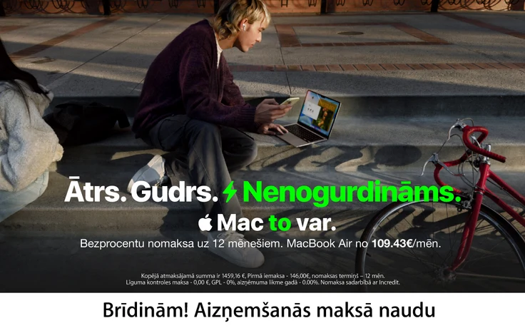 MacBook Air reklāma: bezprocentu nomaksa 12 mēnešos no 109,43 € mēnesī; brīdinājums, ka aizņemšanās maksā naudu.