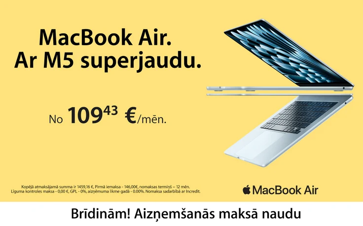 Apple MacBook Air ar M5 mikroshēmu uz gaiši dzeltena fona, skatīts no priekšpuses un aizmugures. Nomaksā no 109,43 € mēnesī. Brīdinām! Aizņemšanās maksā naudu.