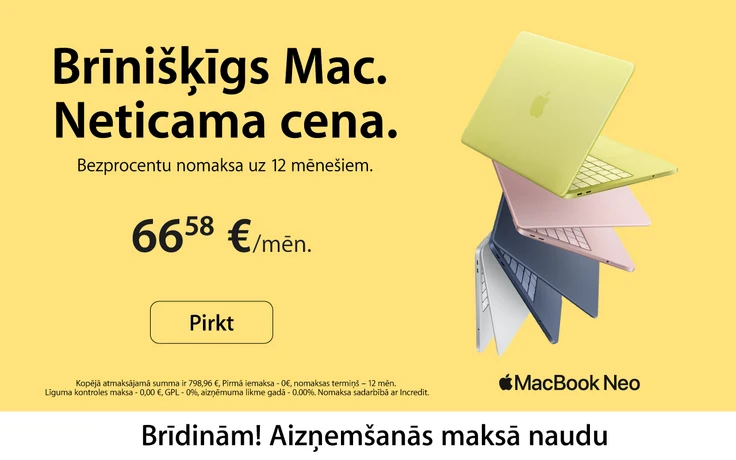 Apple MacBook Neo portatīvie datori dažādās krāsās uz gaiši dzeltena fona. Bezprocentu nomaksa uz 12 mēnešiem — 66,58 € mēnesī. Brīdinām! Aizņemšanās maksā naudu.
