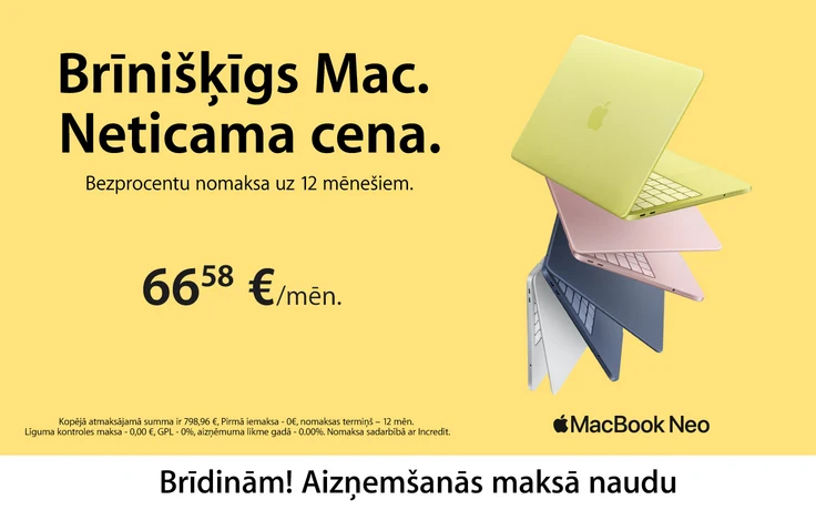 Apple MacBook Neo portatīvie datori dažādās krāsās uz gaiši dzeltena fona. Bezprocentu nomaksa uz 12 mēnešiem — 66,58 € mēnesī. Brīdinām! Aizņemšanās maksā naudu.