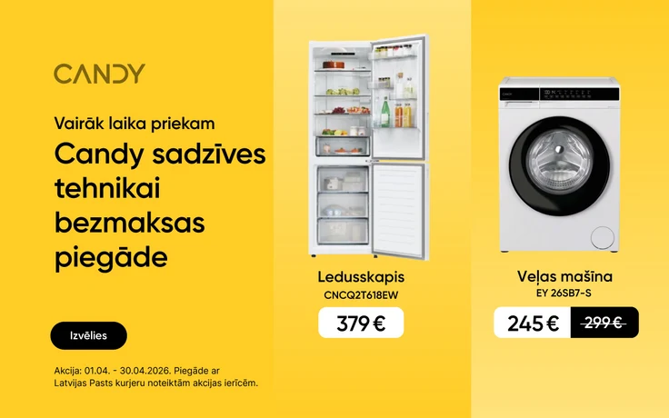 Candy sadzīves tehnikas reklāma ar tekstu "Candy sadzīves tehnikai bezmaksas piegāde"; centrā Candy ledusskapis CNCQ2T618EW ar atvērtām durvīm par 379 €, labajā pusē Candy veļas mašīna EY 26857‑S ar cenu 245 € samazinātu no 299 €.