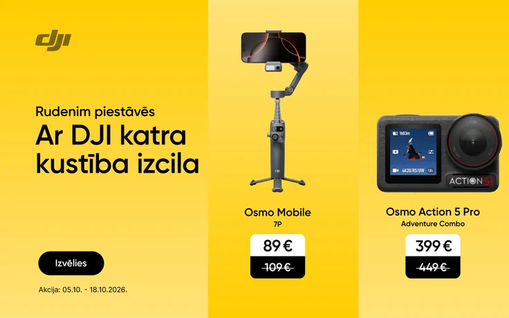 DJI Osmo Mobile 7P viedtālruņa stabilizators par 89 € un Osmo Action 5 Pro Adventure Combo kamera par 399 €. Akcija no 2026. gada 5. līdz 18. oktobrim.