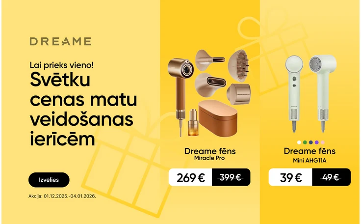 Lai prieks vieno! Svētku cenas matu veidošanas ierīcēm. Zelta krāsas Dreame fēns Miracle Pro ar aksesuāriem - cena 269 eur, svītrotā cena 399 eur. Balts Dreame fēns Mini AHG11A - cena 39 eur, svītrotā cena 49 eur. Violets Dreame matu veidotājs Airstyle.