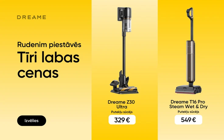 Dreame putekļu sūcēju rudens piedāvājums uz dzeltena fona ar gaišām krāsu pārejām: Z30 Ultra par 329 € un T16 Pro Steam Wet & Dry par 549 €.