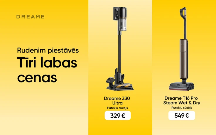 Dreame putekļu sūcēju rudens piedāvājums uz dzeltena fona ar gaišām krāsu pārejām: Z30 Ultra par 329 € un T16 Pro Steam Wet & Dry par 549 €.