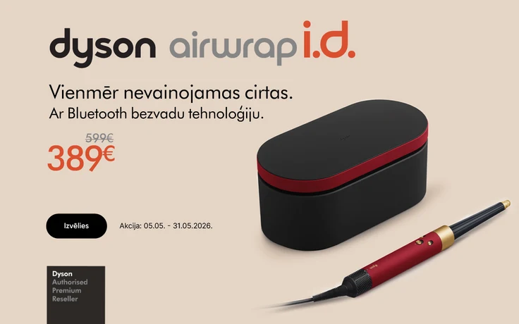 Reklāma ar sarkani zelta krāsas Dyson Airwrap i.d. matu veidotāju un melnu uzglabāšanas futlāri ar sarkanu akcentu; kreisajā pusē redzams teksts "dyson airwrap i.d.", apraksts par Bluetooth bezvadu tehnoloģiju, akcijas cena 389 € samazināta no 599 €.