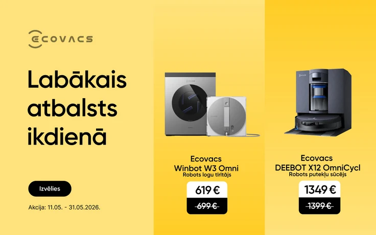Ecovacs robotu ierīču reklāma "Labākais atbalsts ikdienā"; centrā Ecovacs Winbot W3 Omni logu tīrīšanas robots ar vadības bloku par 619 €, labajā pusē Ecovacs DEEBOT X12 OmniCycl robots putekļu sūcējs ar automātisko tīrīšanas staciju par 1349 €.