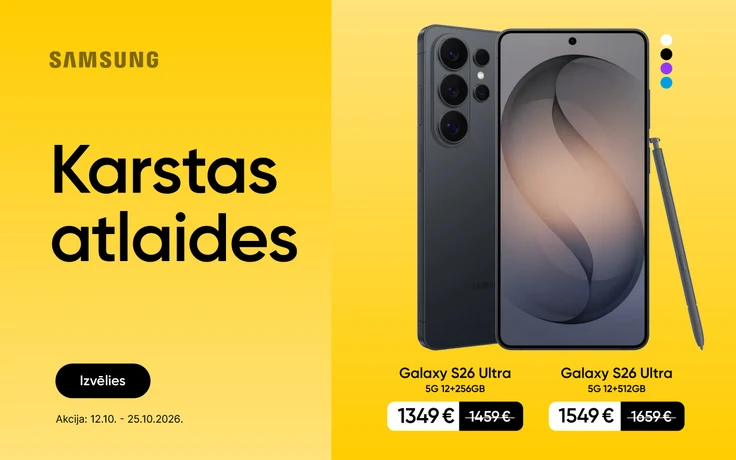 Samsung Galaxy S26 Ultra piedāvājums “Karstas atlaides” uz dzeltena fona: 256 GB modelis par 1349 € un 512 GB modelis par 1549 €. Akcija no 12.10. līdz 25.10.2026.