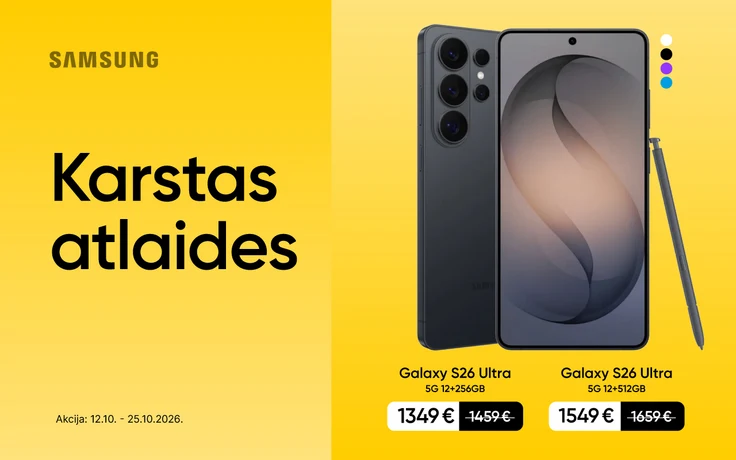 Samsung Galaxy S26 Ultra piedāvājums “Karstas atlaides” uz dzeltena fona: 256 GB modelis par 1349 € un 512 GB modelis par 1549 €. Akcija no 12.10. līdz 25.10.2026.