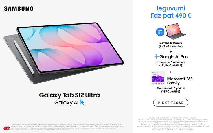 Samsung Galaxy Tab S12 Ultra planšetdators ar Galaxy AI. Piedāvājumā dāvanā tastatūra 229,90 € vērtībā, Google AI Pro 6 mēnešiem un Microsoft 365 Family abonements 1 gadam. Kopējais ieguvums līdz 490 €.