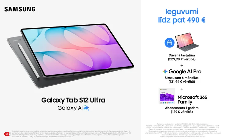 Samsung Galaxy Tab S12 Ultra planšetdators ar Galaxy AI. Piedāvājumā dāvanā tastatūra 229,90 € vērtībā, Google AI Pro 6 mēnešiem un Microsoft 365 Family abonements 1 gadam. Kopējais ieguvums līdz 490 €.