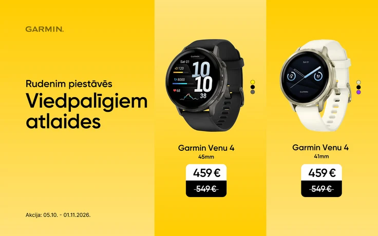 Garmin Venu 4 viedpulksteņi 45 mm un 41 mm izmērā — katrs par 459 € iepriekšējo 549 € vietā. Akcija no 2026. gada 5. oktobra līdz 1. novembrim.