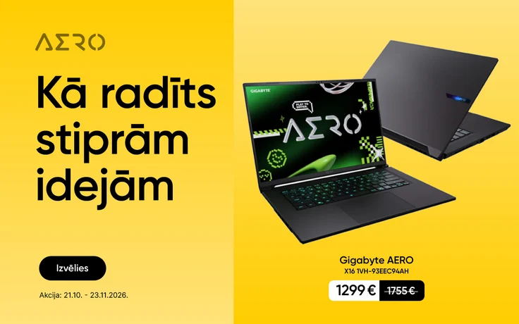 Gigabyte AERO X16 portatīvais dators divos skatos uz dzeltena fona ar saukli “Kā radīts stiprām idejām”. Akcijā no 21.10. līdz 23.11.2026. par 1299 €.