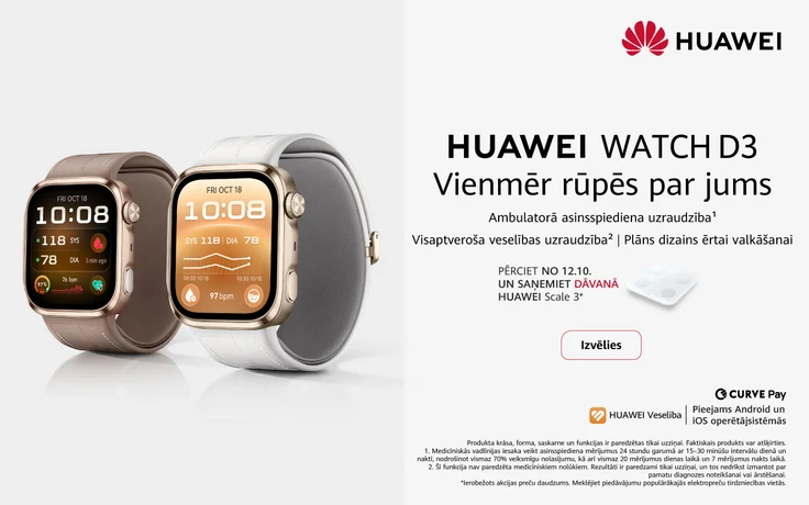Huawei Watch D3 viedpulksteņi ar brūnu un baltu siksniņu uz gaiši pelēka fona. Pērkot no 12.10., dāvanā Huawei Scale 3 svari.