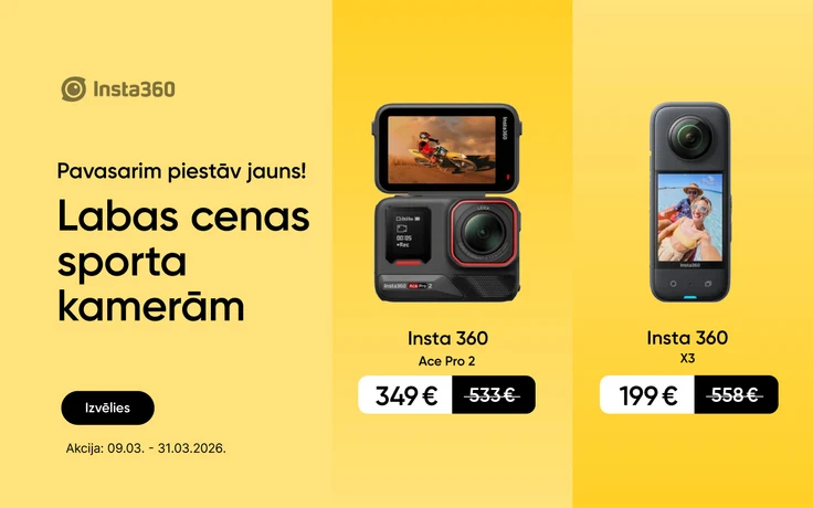 Insta360 sporta kameru reklāma ar tekstu "Pavasarim piestāv jauns! Labas cenas sporta kamerām"; attēlā Insta 360 Ace Pro 2 ar ekrānā redzamu motociklista kadru par 349 € un Insta 360 X3 kamera ar ekrānā redzamu selfija skatu par 199 €. Izvēlies.