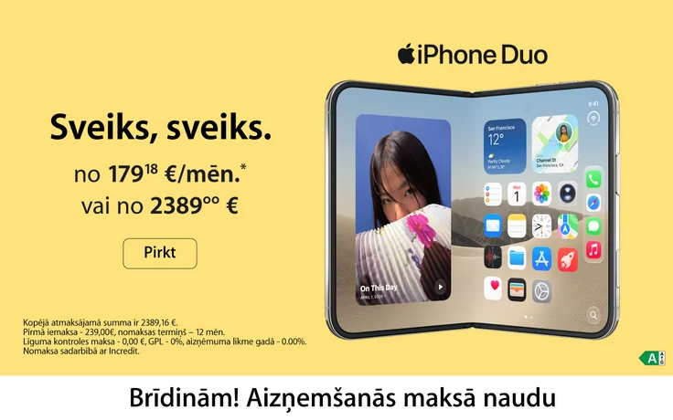Apple iPhone Duo salocītā un atvērtā veidā uz gaiši dzeltena fona. Cena no 2389 € vai nomaksā no 179,18 € mēnesī. Brīdinām! Aizņemšanās maksā naudu.