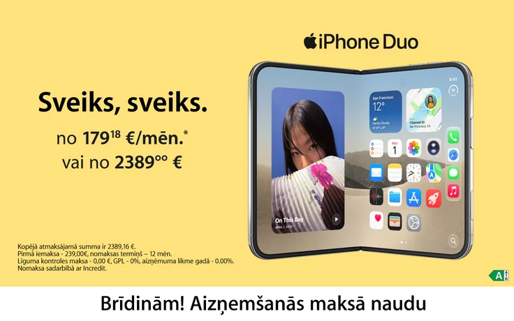 Apple iPhone Duo salocītā un atvērtā veidā uz gaiši dzeltena fona. Cena no 2389 € vai nomaksā no 179,18 € mēnesī. Brīdinām! Aizņemšanās maksā naudu.