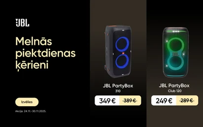 Melnās piektdienas ķērieni. JBL PartyBox 310 skaļrunis - 349 eur, svītrotā cena 3889 eur. JBL PartyBox 710 skaļrunis - 429 eur, svītrotā cena 499 eur. JBL PartyBox Club 120 skaļrunis - 249 eur, svītrotā cena 289 eur. Izvēlies. Akcija: 24.11.-30.11.2025.
