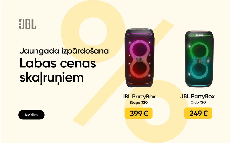 Jaungada izpārdošana. Labas cenas skaļruņiem. Izvēlies. JBL PartyBox Stage 320 skaļrunis - cena 399 eur. JBL PartyBox 710 skaļrunis - cena 429 eur. JBL PartyBox Club 120 skaļrunis - cena 249 eur. Fons dzeltens ar tumšāk dzeltenu % zīmi.
