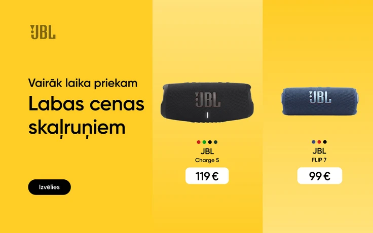 JBL skaļruņu reklāma ar tekstu "Vairāk laika priekam. Labas cenas skaļruņiem"; attēlā JBL Charge 5 portatīvais skaļrunis par 119 €, JBL Xtreme 4 skaļrunis ar plecu siksnu par 229 € un JBL Flip 7 kompaktais skaļrunis par 99 €.