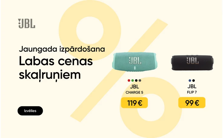 Jaungada izpārdošana. Labas cenas skaļruņiem. Zila JBL Charge 5 skaļrunis - cena 119 eur. Kamuflāžas krāsas JBL Extreme 4 skaļrunis - cena 229 eur. Melns JBL Flip 7 skaļrunis - cena 99 eur. Fons gaiši dzeltens ar tumšāk dzeltenu % zīmi.