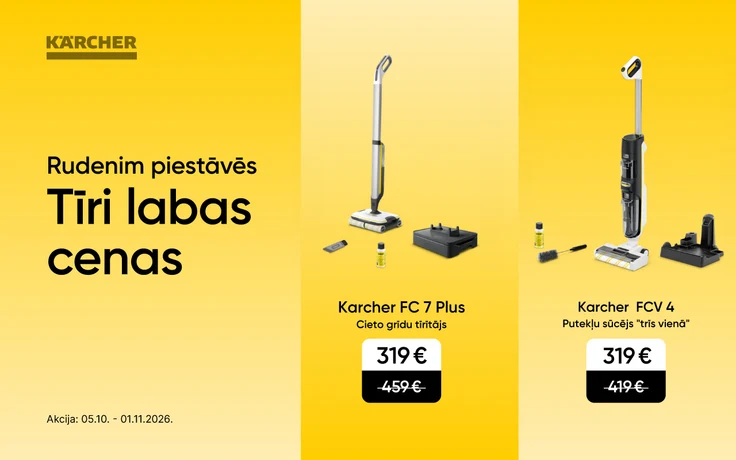 Kärcher FC 7 Plus un FCV 4 ar piederumiem uz dzeltena fona ar gaišām krāsu pārejām. Katrs par 319 € akcijā no 05.10. līdz 01.11.2026.