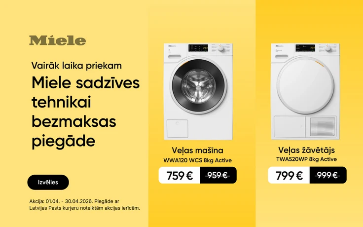 Miele reklāma ar tekstu "Vairāk laika priekam. Miele sadzīves tehnikai bezmaksas piegāde"; attēlā Miele WWA120 WCS 8 kg Active veļas mašīna par 759 € samazinātu no 959 € un Miele TWA520 WP 8 kg Active veļas žāvētājs par 799 € samazinātu no 909 €.