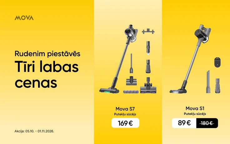 Mova putekļu sūcēju rudens piedāvājums uz dzeltena un gaiši krēmīga fona: Mova S7 par 169 € un Mova S1 par 89 € (iepriekš 180 €). Акcija no 05.10. līdz 01.11.2026.