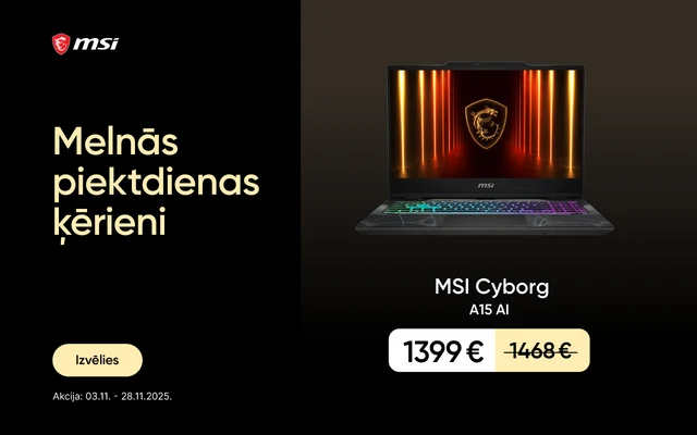Melnās piektdienas ķērieni. Melns portatīvais dators ar krāsaini apgaismotu klaviatūru un pūķu simbolu uz ekrāna - MSI Cyborg A15 AI 1399 eur, svītrotā cena 1468 eur.