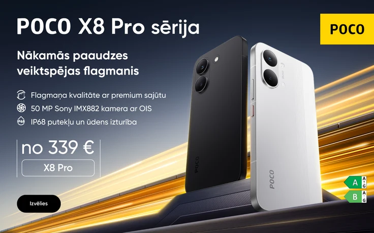 POCO X8 Pro sērijas reklāma ar diviem mobilajiem telefoniem melnā un baltā krāsā uz dinamiska, kustības gaismu fona; labajā pusē teksts "Nākamās paaudzes veiktspējas flagmanis" un norādīta cena no 339 € modelim X8 Pro.
