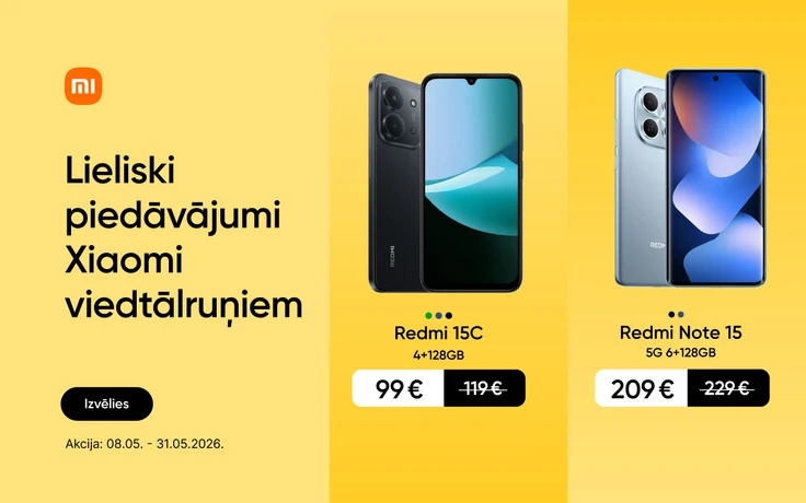 Xiaomi viedtālruņu reklāma ar Xiaomi "mi" logo augšējā kreisajā stūrī un tekstu "Lieliski piedāvājumi Xiaomi viedtālruņiem"; centrā Redmi 15C (4+128 GB) viedtālrunis melnā krāsā par 99 €, labajā pusē Redmi Note 15 5G (6+128 GB) sudrabotā krāsā par 209 €.