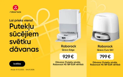 Lai prieks vieno! Putekļu sūcējiem svētku dāvana. Balts Roborock Qrevo Edge robots putekļu sūcējs - 929 eur, Balts Roborock Qrevo Curv 5A1 robots putekļu sūcējs - 799 eur. Pērkot akcijas preces dāvanā putekļu sūcējs Roborock H5 189 eur vērtībā.