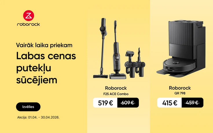 Roborock putekļu sūcēju reklāma ar tekstu "Labas cenas putekļu sūcējiem"; attēlā Roborock F25 ACE Combo bezvadu putekļu sūcēju komplekts par 519 € un Roborock QR 798 robotizētais putekļu sūcējs ar uzlādes staciju par 415 €.