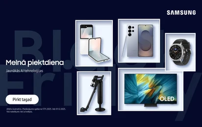 Melnā piektdiena. Jaunākās AI tehnoloģijas. Piecas atvērtas dāvanu kastītes, kurās iekšā ir Samsung putekļu sūcējs, Galaxy S25 Ultra, Galaxy Flip7, Oled televizors un Galaxy Watch8 Classic. Pirkt tagad. Piedāvājums spēkā no 17.11.2025. līdz 01.12.2025.