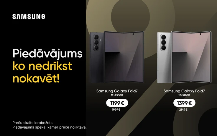 Samsung Galaxy Fold7 salokāmie viedtālruņi uz melna fona ar tumši zeltainiem akcentiem: 256 GB modelis par 1199 € un 512 GB modelis par 1399 €.