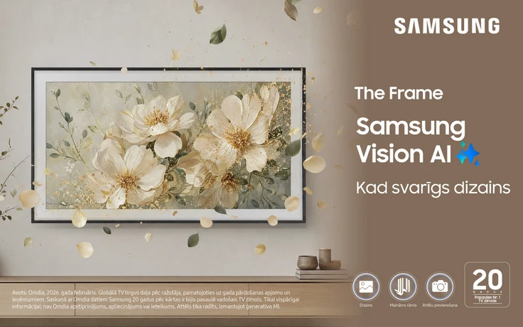 Samsung The Frame televizors ar Samsung Vision AI — dizains, maināms rāmis un attēlu pievienošana. Ekrānā ziedu mākslas darbs.