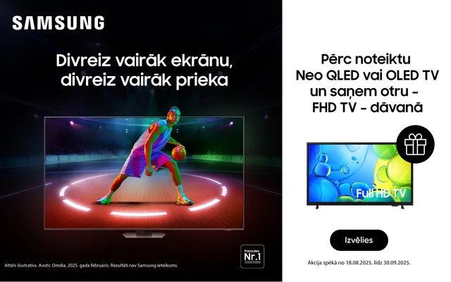 Divreiz vairāk ekrānu, divreiz vairāk prieka. Liels televizors, kura ekrānā basketbola spēlētājs dinamiskā pozā driblē bumbu. Pērc noteiktu Neo QLED vai Oled TV un saņem otru - FHD TV - dāvanā.