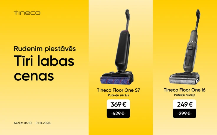 Tineco putekļu sūcēju rudens piedāvājums uz dzeltena un gaiši krēmīga fona: Floor One S7 par 369 € un Floor One i6 par 249 €.