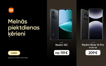 Melnās piektdienas ķērieni. Melns Redmi 15C mobilais telefons no 119 eur. Melns Redmi Note 14 Pro 8+256GB 209 eur. Melns Xiaomi 15T 12+256GB 549 eur, svītrotā cena 649 eur. Izvēlies. Akcija: 24.11.2025.-04.01.2026.