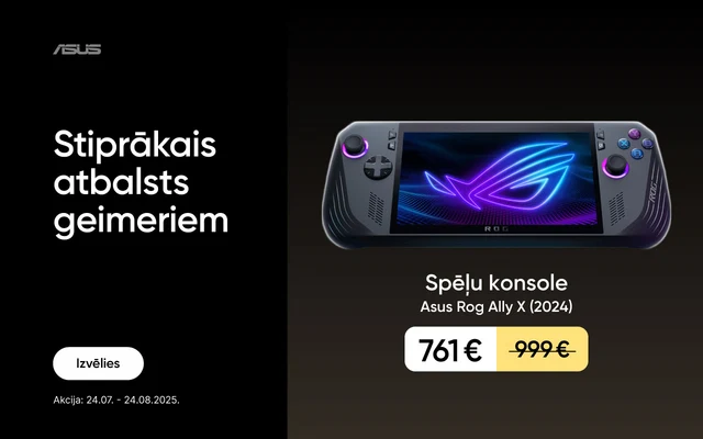 Asus. Stiprākais atbalsts geimeriem. Izvēlies. Akcija: 24.07.-24.08.2025. Spēļu konsole Asus Rog Ally X (2024) 761 eur