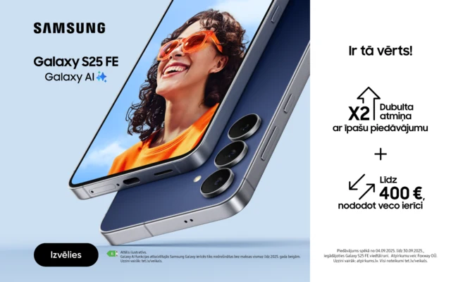 Divi Samsung Galaxy S25 FE mobilie telefoni. Viens no priekšpuses ar sievietes attēlu ekrāna, otrs no aizmugures - zilā krāsā ar 3 kamēram. Galaxy AI funkcijas. Izvēlies.